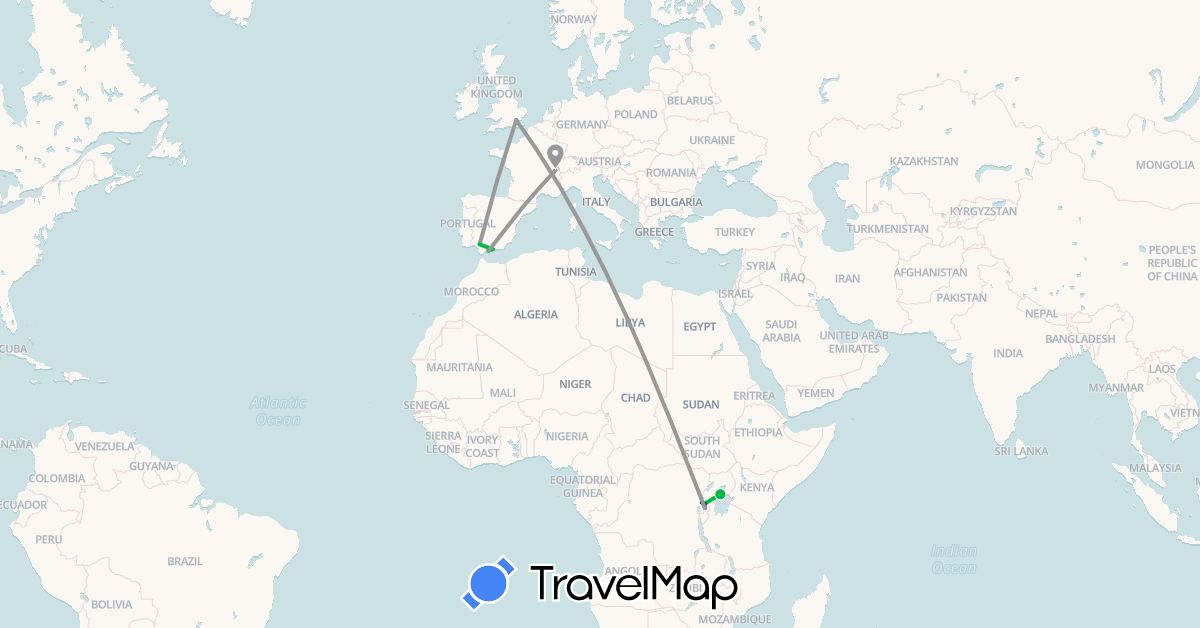 TravelMap itinerary: driving, bus, plane in Switzerland, Spain, United Kingdom, Rwanda, Uganda (Africa, Europe)